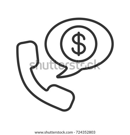 Phone talk about money linear icon. Thin line illustration. Handset with US dollar sign inside speech bubble. Contour symbol. Raster isolated outline drawing