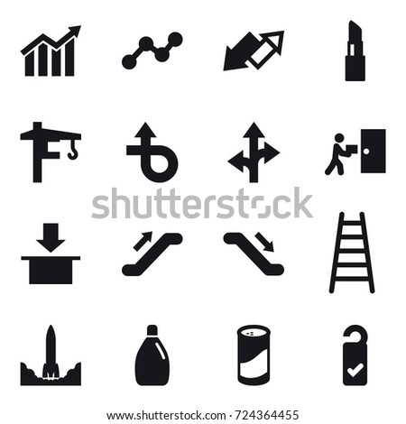 16 vector icon set : diagram, graph, up down arrow, lipstick, tower crane, escalator, stairs, cleanser, cleanser powder, please clean
