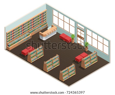 Color isometric design of library room with wall of books reception and ottoman  illustration