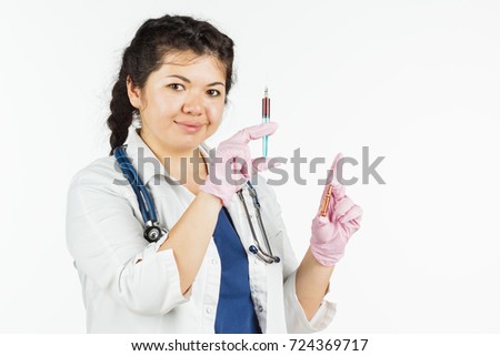 Doctor with stethoscope and syringe on white background, Medical concept., Pretty nurse or medic using syringe and preparation for vaccination. on a white background