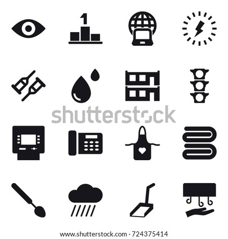 16 vector icon set : eye, pedestal, notebook globe, lightning, modular house, atm, apron, towel, big spoon, rain cloud, scoop, hand dryer