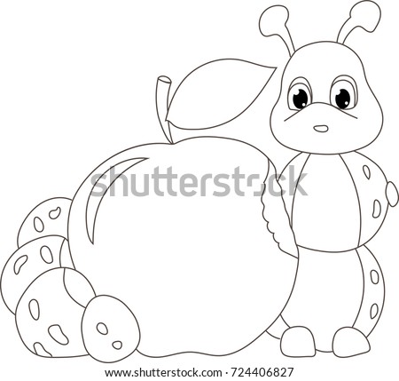 caterpillar worm with apple. Funny baby illustration. Isolated on white background. Coloring book. Coloration