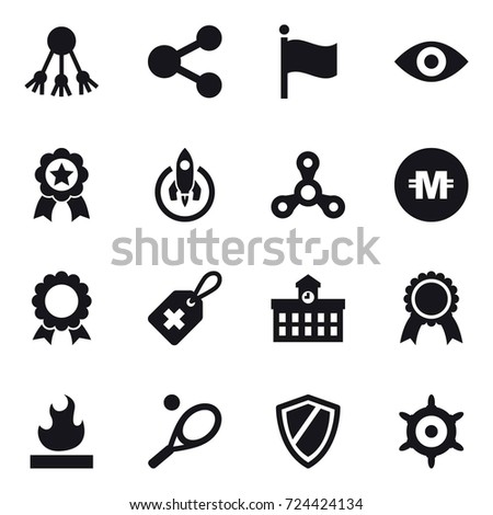 16 vector icon set : share, flag, eye, medal, rocket, spinner, crypto currency, university, tennis, shield, handwheel