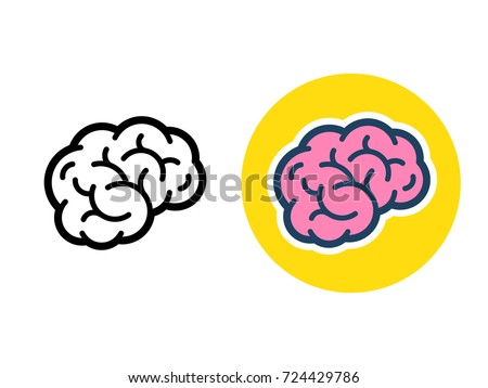 Stylized brain icon or logo, black line and color. Simple flat cartoon style human brain vector illustration. Royalty-Free Stock Photo #724429786