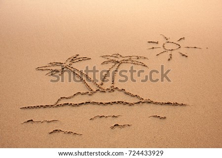 Drawing of palm tree on sand. Vacation in tropical exotic country concept.