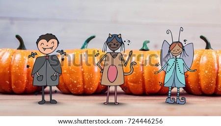 Digital composite of Cartoon Children in halloween costumes in front of halloween pumpkins
