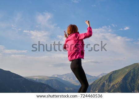 woman young traveler, mountains, nature, sky                               