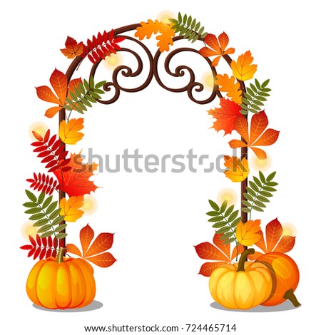 Forged metal arch for interior isolated on white background. Sketch for poster or invitation card for holiday of Golden autumn or Happy thanksgiving day. Archway. Vector cartoon close-up illustration.