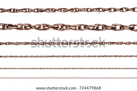 Set of copper chain on isolated white background. Rope chain of copper of different sizes.