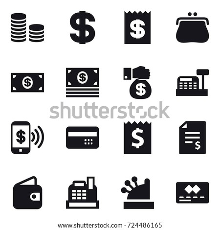16 vector icon set : coin stack, dollar, receipt, purse, money, money gift, cashbox, phone pay, credit card, account balance, wallet