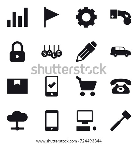 16 vector icon set : graph, flag, gear, hand coin, lock, sale, pencil, mobile checking, cart, phone, meat hammer