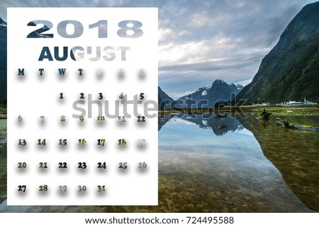 August 2018 calendar with beautiful landscape of New Zealand.