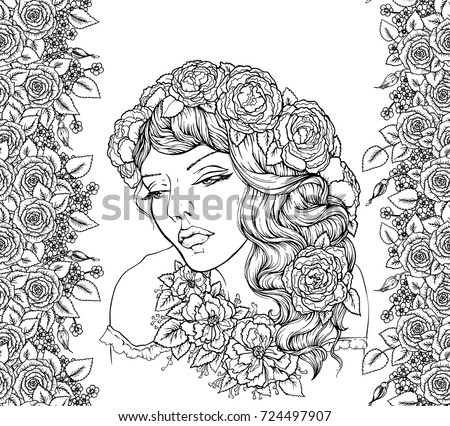 Pretty elegant boho girl with floral wreath on background with roses. Hand drawn amazing floral bohemia coloring book page for adult isolated on white