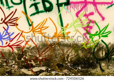 Surface of street wall with spots of abstract graffiti drawings in style of tag graffiti. wall is completely covered with graffiti-tags. Abstract colored drawings, letters. City culture. Street art