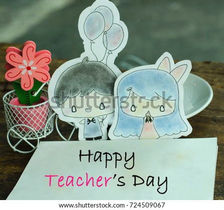 happy teacher's day concept. student girl's hand drawn cartoon of lovely kids and greeting card on teachers day