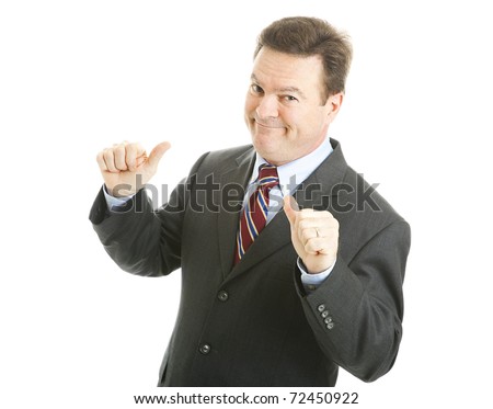 Confident businessman points to himself with both thumbs. Isolated on white. Royalty-Free Stock Photo #72450922
