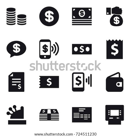 16 vector icon set : coin stack, dollar, money, money gift, money message, phone pay, receipt, account balance, mobile pay, wallet, cashbox, atm