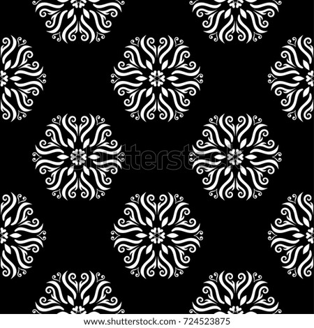 White floral design on black background. Seamless pattern for textile and wallpapers