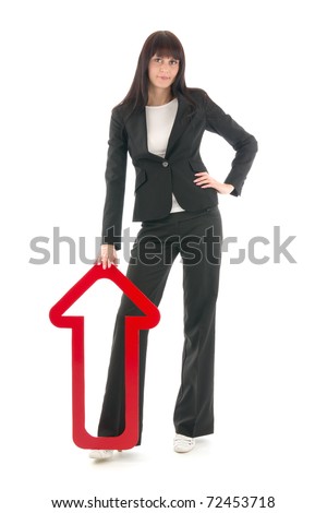 Businesswoman with red upward arrow, on white background.