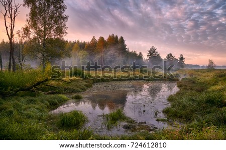 Panorama of dawn above a forest lake by an early autumn morning with beautiful clouds above him