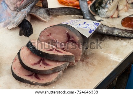 Close-up of steaks of a swordfish at a fish-seller's stand