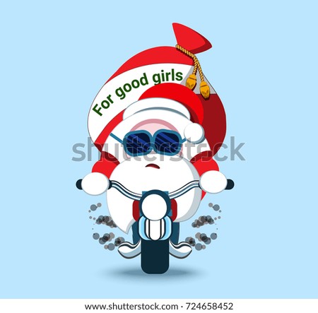 Lovely Santa claus on a bike. Christmas symbol. Stylized character. New Year sticker. Illustration with emotion. Bearded biker in a red fur coat. Children's hero. Gifts for girls.