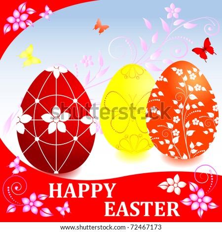 Easter card with painted eggs, floral ornaments and butterflies.Similar image in Vector format  in my portfolio.