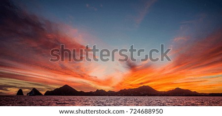 Sunset with a stunning beautiful sky above the Coastline California Peninsula. Mexico. Sea of Cortez. California Peninsula . An excellent illustration.