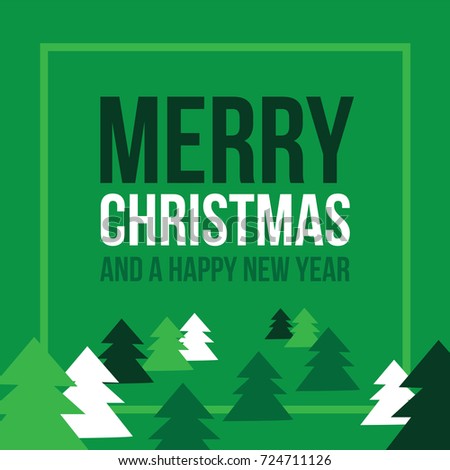 Merry Christmas and Happy New Year Text with Pine Trees Over Green Background, Vector Illustration