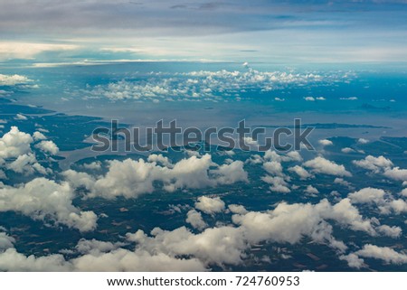 Aerial view over group of island in Andaman sea near Phuket island, southern part of Thailand, Top view from airplane