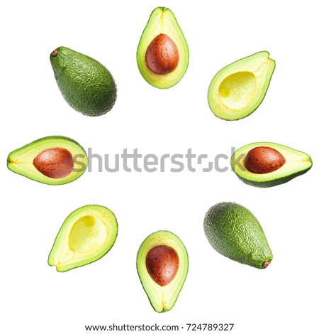 Several avocados whole and cut, with a seed and without lie around a circle isolated on a white background, clip art
