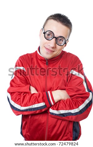 Portrait of a young nerd in funny glasses isolated on white