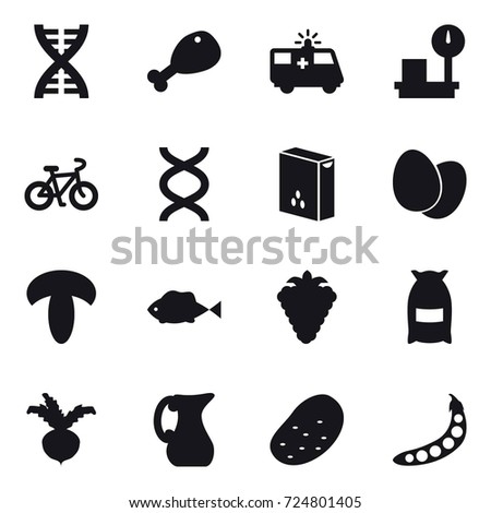 16 vector icon set : dna, chicken leg, bike, berry, flour, beet, jug, potato, peas