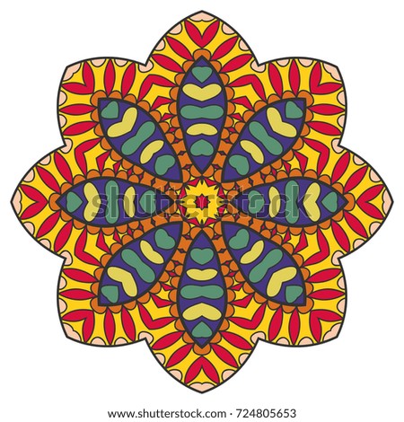 Mandala flower decoration, doodle round ornament, isolated design element on a white background. Vector geometric floral pattern. Tribal ethnic arabic, indian, turkish motif. Colorful abstract art