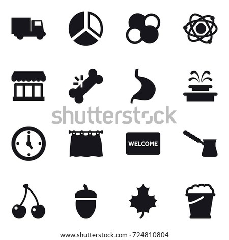 16 vector icon set : truck, diagram, atom core, atom, market, fountain, watch, curtain, welcome mat, turk, cherry, acorn, maple leaf, foam bucket