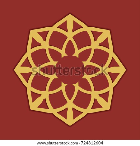 Golden round mandala ornament on a dark red background, tribal ethnic motif. Isolated floral geometric element for brochure, invitation card, logo, icon, monogram, emblem