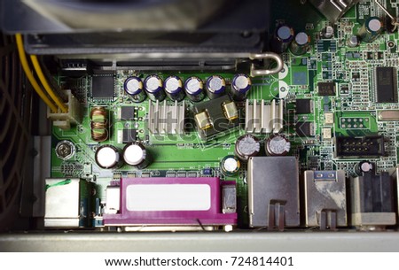 Closeup of server mainboard, system computer power, network pc memory background. 