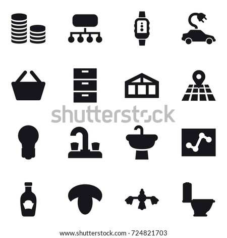 16 vector icon set : coin stack, structure, smartwatch, electric car, basket, greenhouse, bulb, water tap, mushroom, hard reach place cleaning, toilet