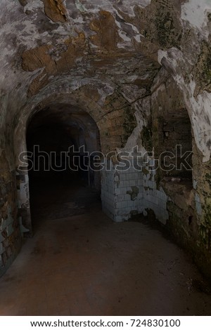 An old abandoned tunnel in an underground wine cellar. Entrance to catacombs. Dungeon of Old stone fortress. As creative background for dark creepy design. Mystical interior of ancient dungeon