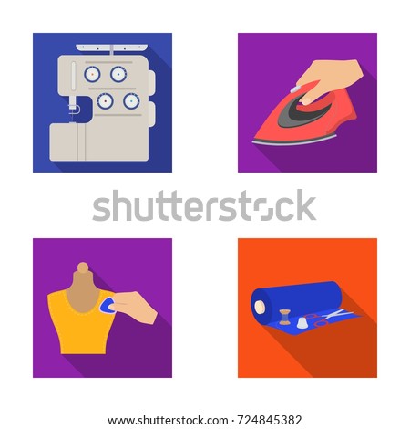 Electric sewing machine, iron for ironing, marking with chalk clothes, roll of fabric and other equipment. Sewing and equipment set collection icons in flat style vector symbol stock illustration web.
