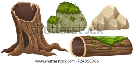 Log and rocks with moss on top illustration