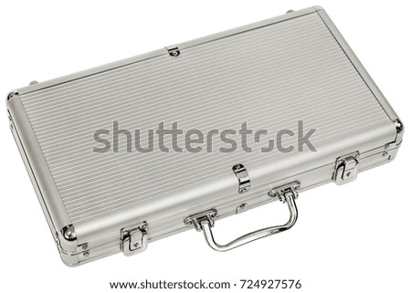 Studio shot of Poker card game chip set aluminum hard briefcase, isolated on white background.