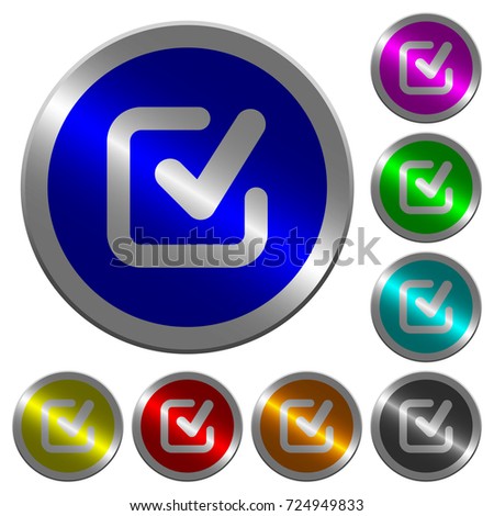 Checkmark icons on round luminous coin-like color steel buttons