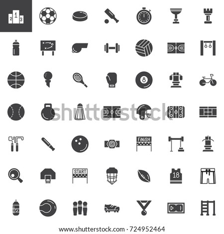 Sports equipment vector icons set, modern solid symbol collection, filled pictogram pack. Signs, logo illustration. Set includes icons as podium, football, dumbbell, volleyball, basketball