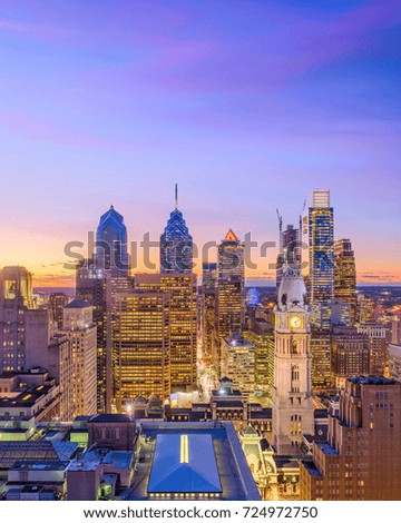 Philadelphia, Pennsylvania, USA downtown skyline at twilight.