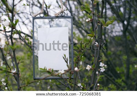 Retro Metal Photo Frame Hanging off of a Blossoming Cherry Tree Branch Surrounded by Blooming Spring Nature with a Blank Card Pressed between the Glass.