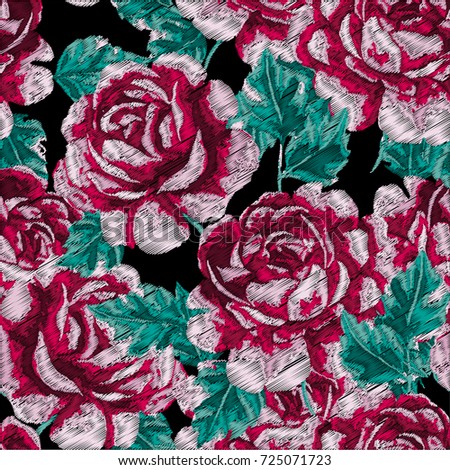 Roses embroidery on a black background. Classic style embroidery, beautiful roses flowers pattern vector.