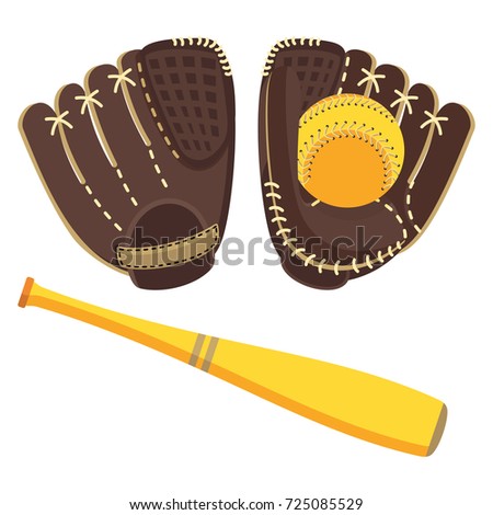 Baseball equipment. Softball glove and ball. Flat vector cartoon illustration. Objects isolated on a white background.