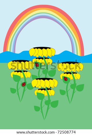 Sunflowers and rainbow. Illustration.