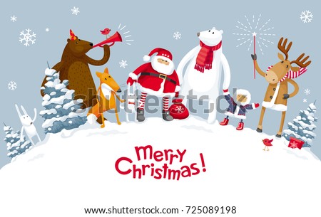 Christmas Party in the winter forest with the participation of Santa Claus and funny cartoon forest animals: elk, deer, fox, bear and polar bear. For posters, banners, sales and other winter events. Royalty-Free Stock Photo #725089198